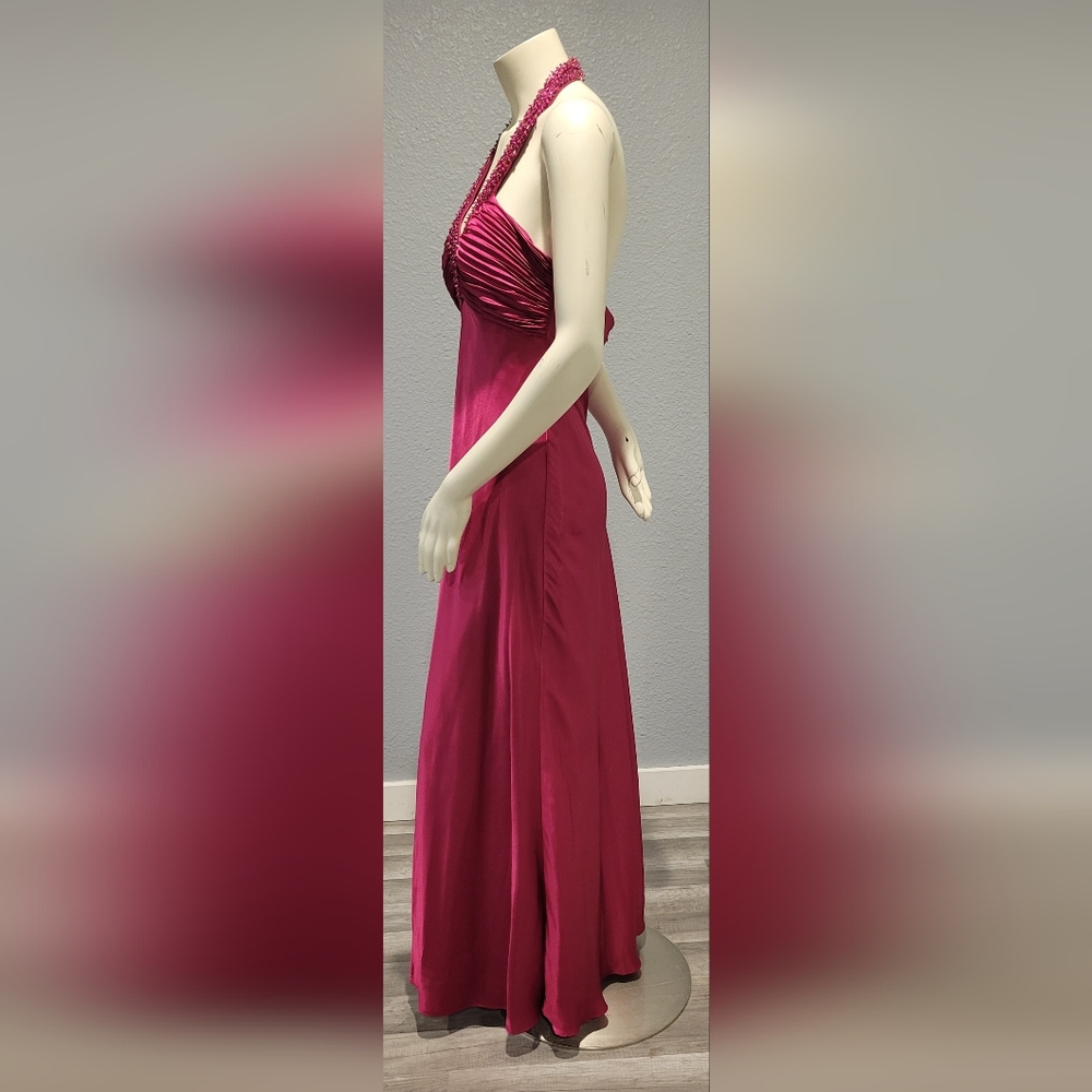 Vintage 90s Morgan And Co Formal Long Dress Barbie Pink Beaded Satin Size 13/14 - Picture 4 of 10